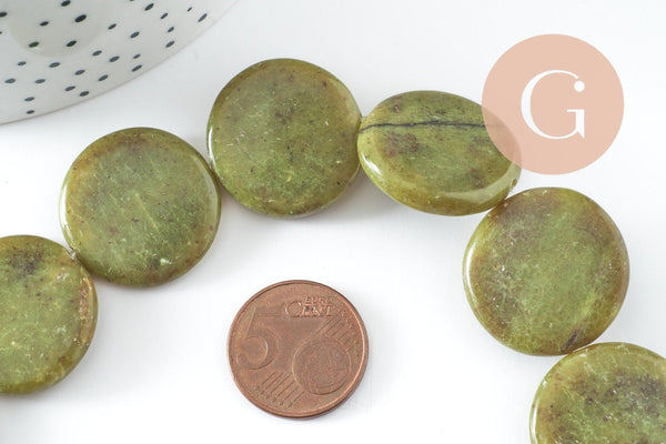 Perle disque jade naturel vert 25mm,bijoux pierre naturelle, x5 G6467