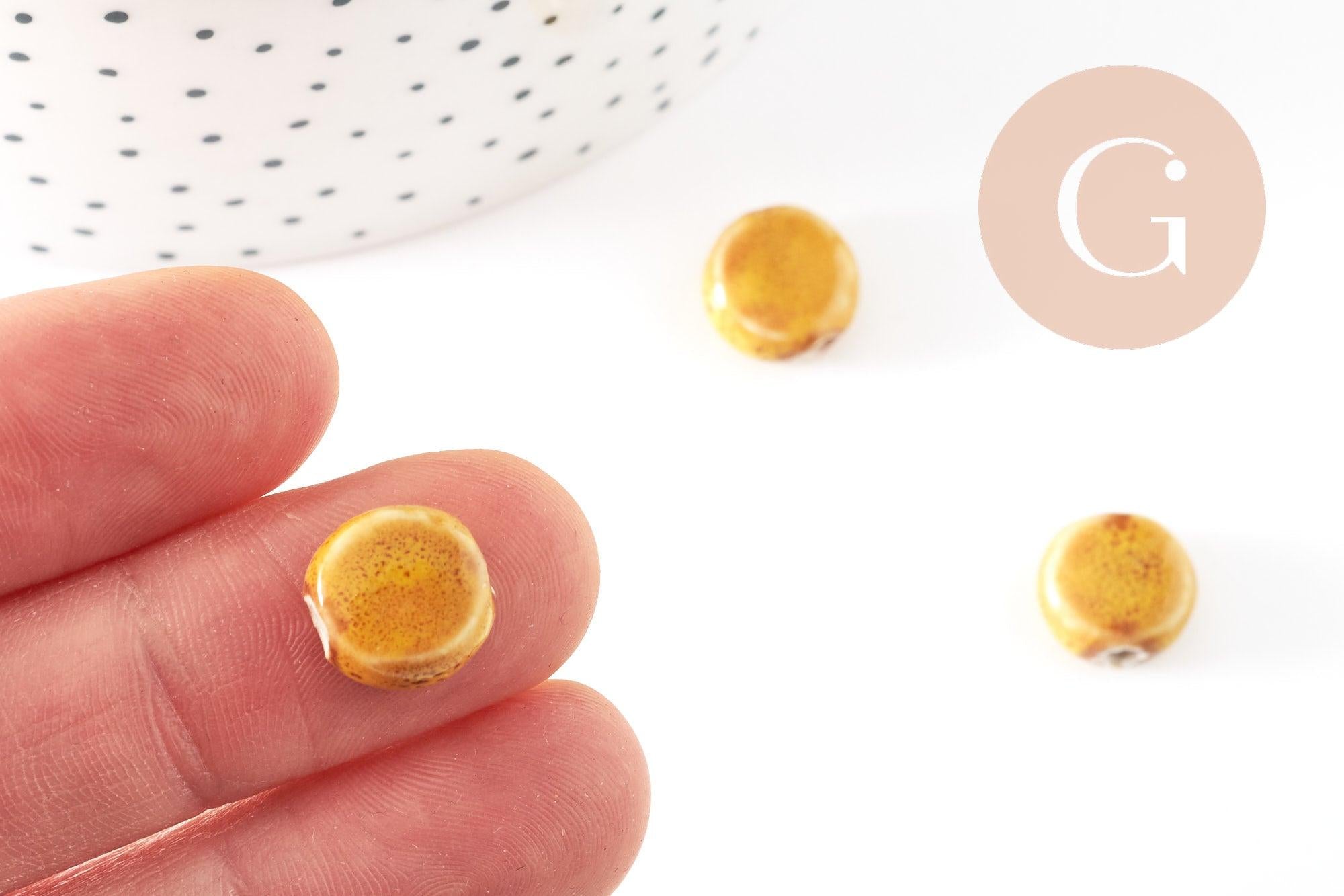 Perle disque porcelaine jaune moutarde 10-11mm, perle céramique artisanale, fabrication bijoux céramique x5 (G9345)