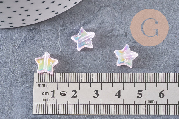 Perle étoile plastique rose irisé,pendentif acrylique transparent ,perle,création bijoux plastique coloré, 11mm, x 30 (7.4gr) (G3493)