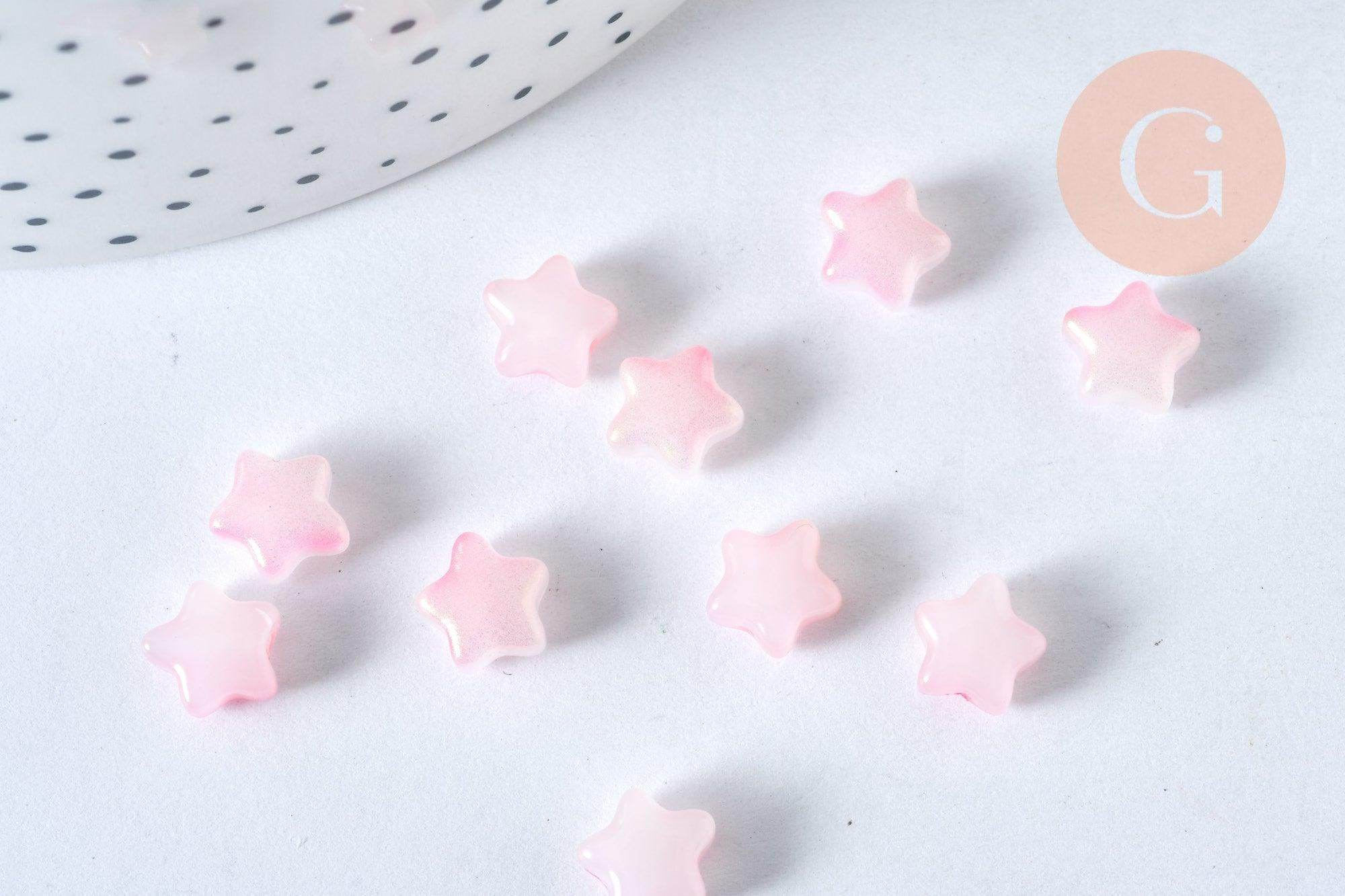 Perle étoile verre rose laiteux et poudre de paillette, perles en verre DIY, 8mm, x10, (G6822)