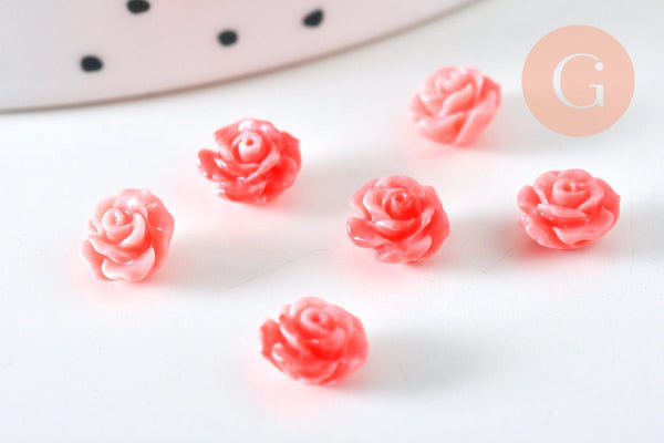 Perle fleur de rose résine rose 6.5x4.5mm, doré fleur, bijou romantique, x10 (G6332)