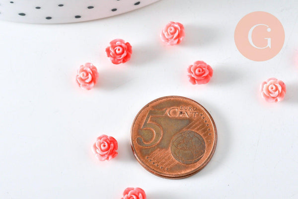 Perle fleur de rose résine rose 6.5x4.5mm, doré fleur, bijou romantique, x10 (G6332)