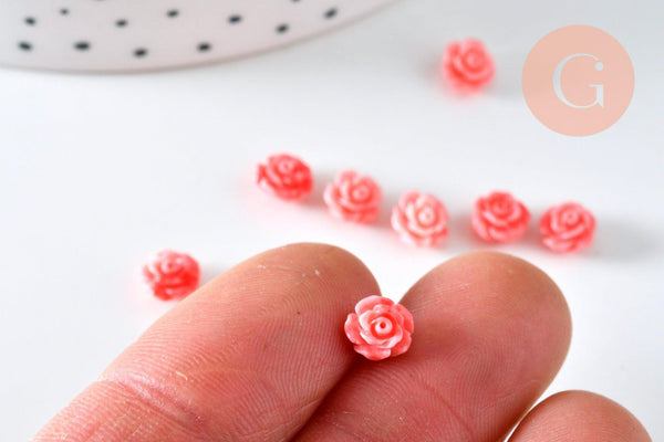 Perle fleur de rose résine rose 6.5x4.5mm, doré fleur, bijou romantique, x10 (G6332)