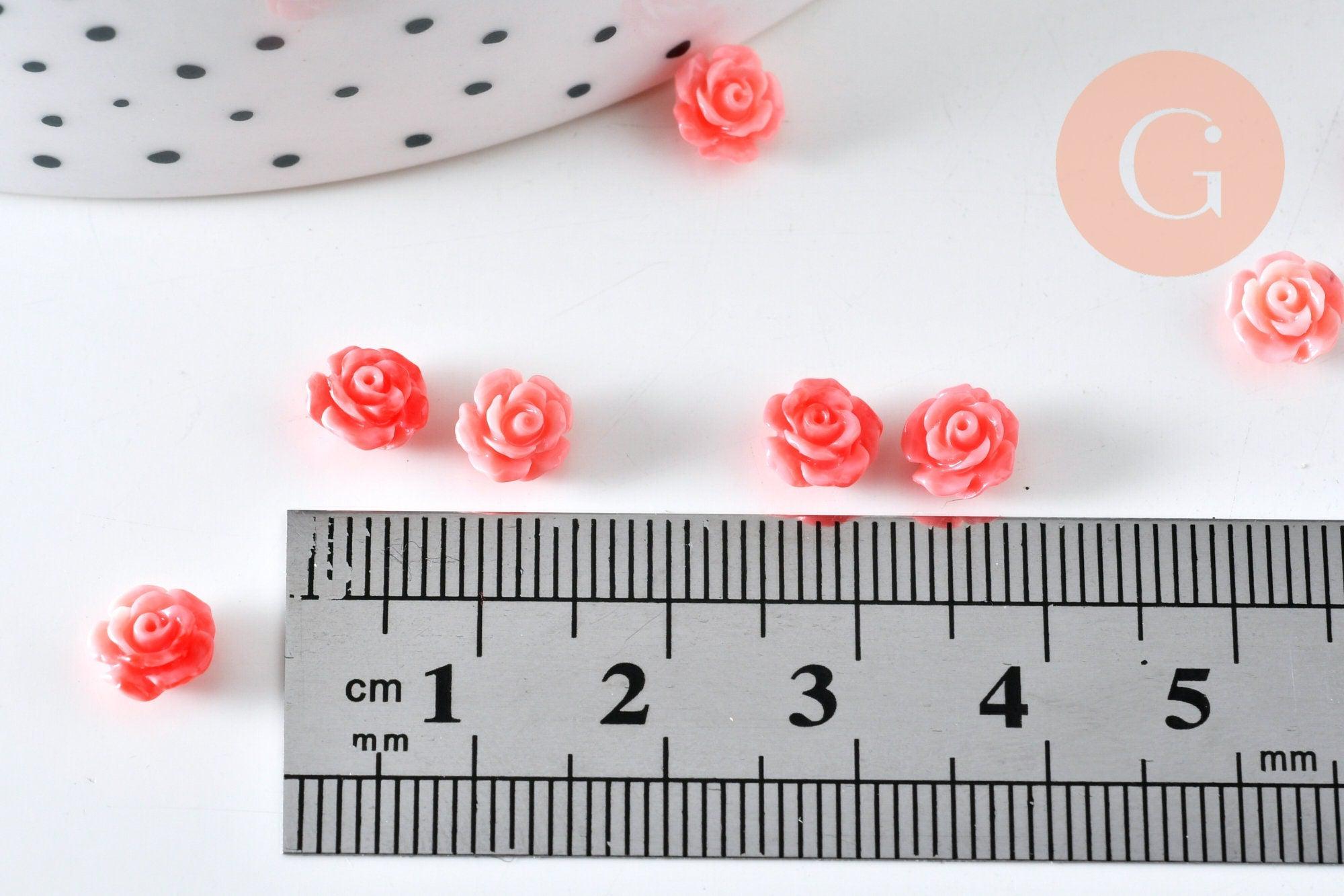 Perle fleur de rose résine rose 6.5x4.5mm, doré fleur, bijou romantique, x10 (G6332)