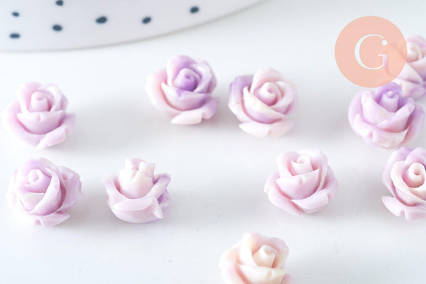 Perle fleur de rose résine violette 10x8mm, création bijou doré fleur, bijou romantique, x10 (G6330)