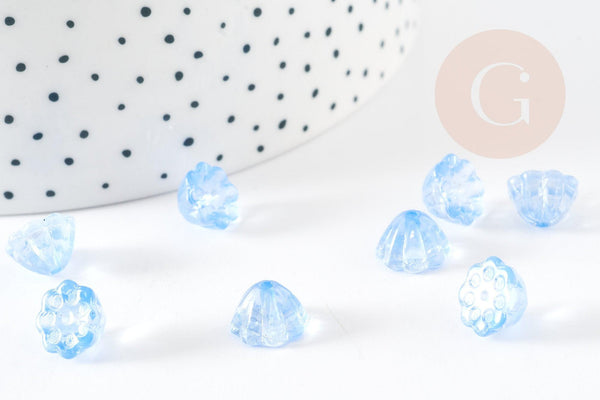 Perle fleur verre bleu ciel transparent imitation jade 11mm, perle création bijoux DIY x10 (G9254)