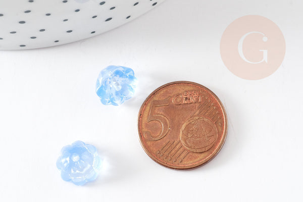 Perle fleur verre bleu ciel transparent imitation jade 11mm, perle création bijoux DIY x10 (G9254)