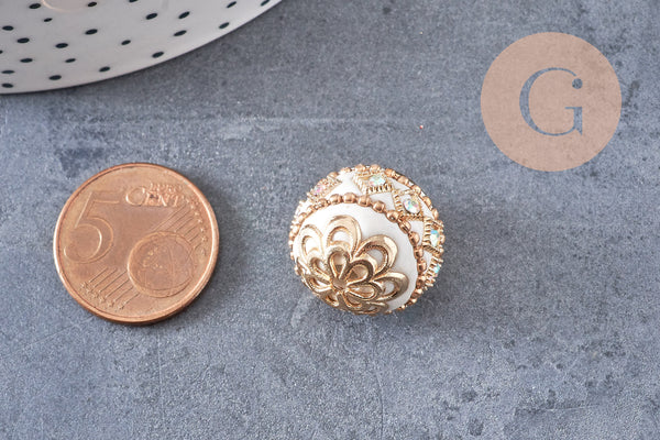 Perle indonesienne polymère blanc strass et zamac doré 19.5mm,création bijou ethnique exotique, x1 (G5907)