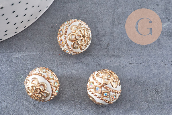 Perle indonesienne polymère blanc strass et zamac doré 19.5mm,création bijou ethnique exotique, x1 (G5907)