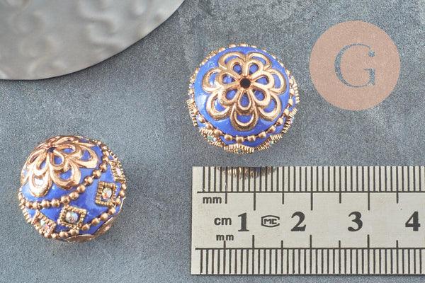 Perle indonésienne polymère bleu roi strass et zamac doré 19.5mm, x1 (G6254)