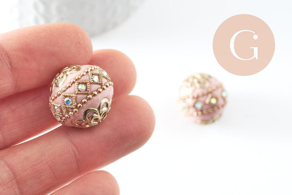 Perle indonésienne polymère rose clair strass et zamac doré 19.5mm,création bijou ethnique exotique, x1 G6253