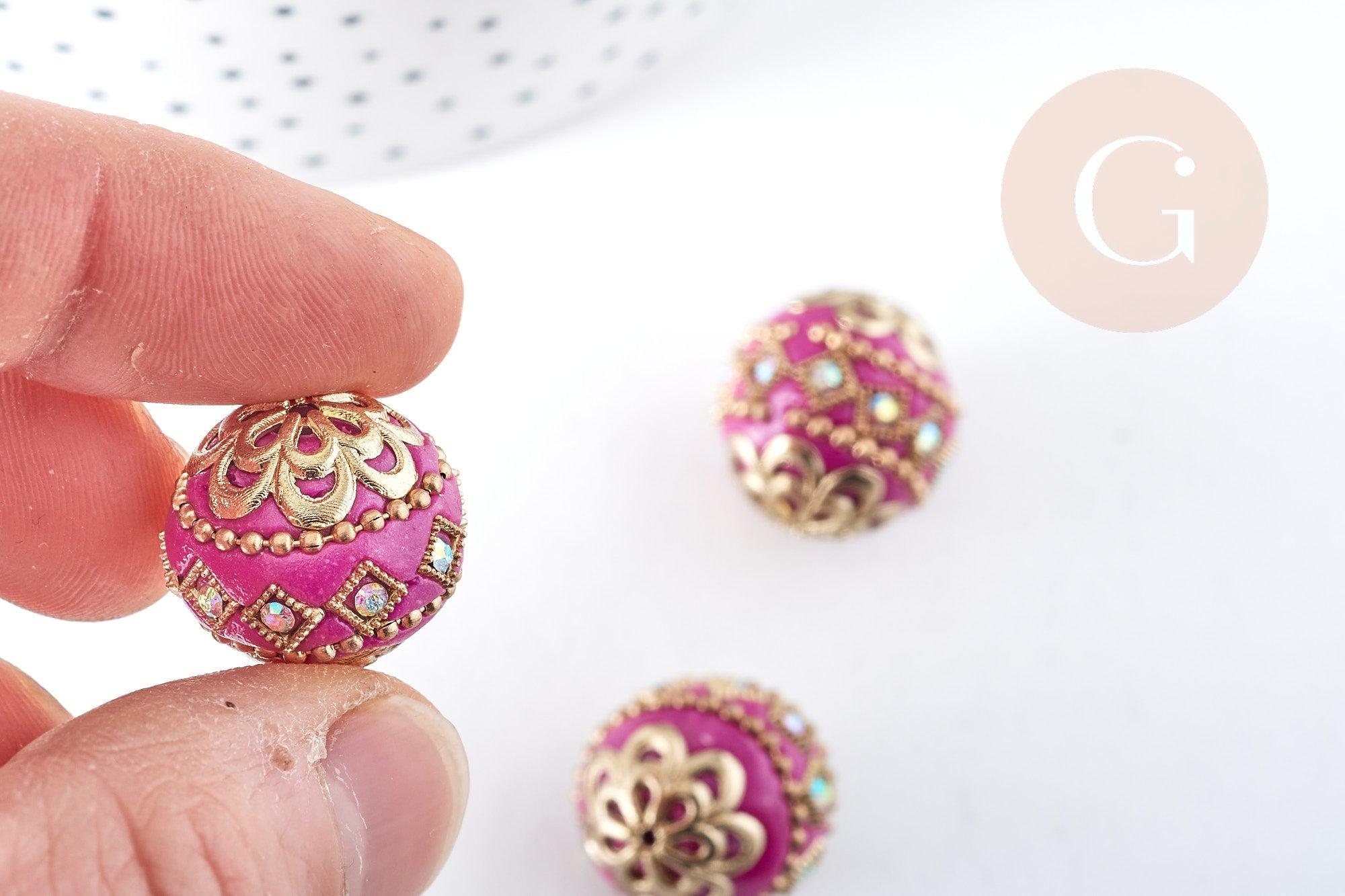 Perle indonesienne polymère rose fuchsia strass et zamac doré, ethnique exotique, 19.5mm x1 (G8458)