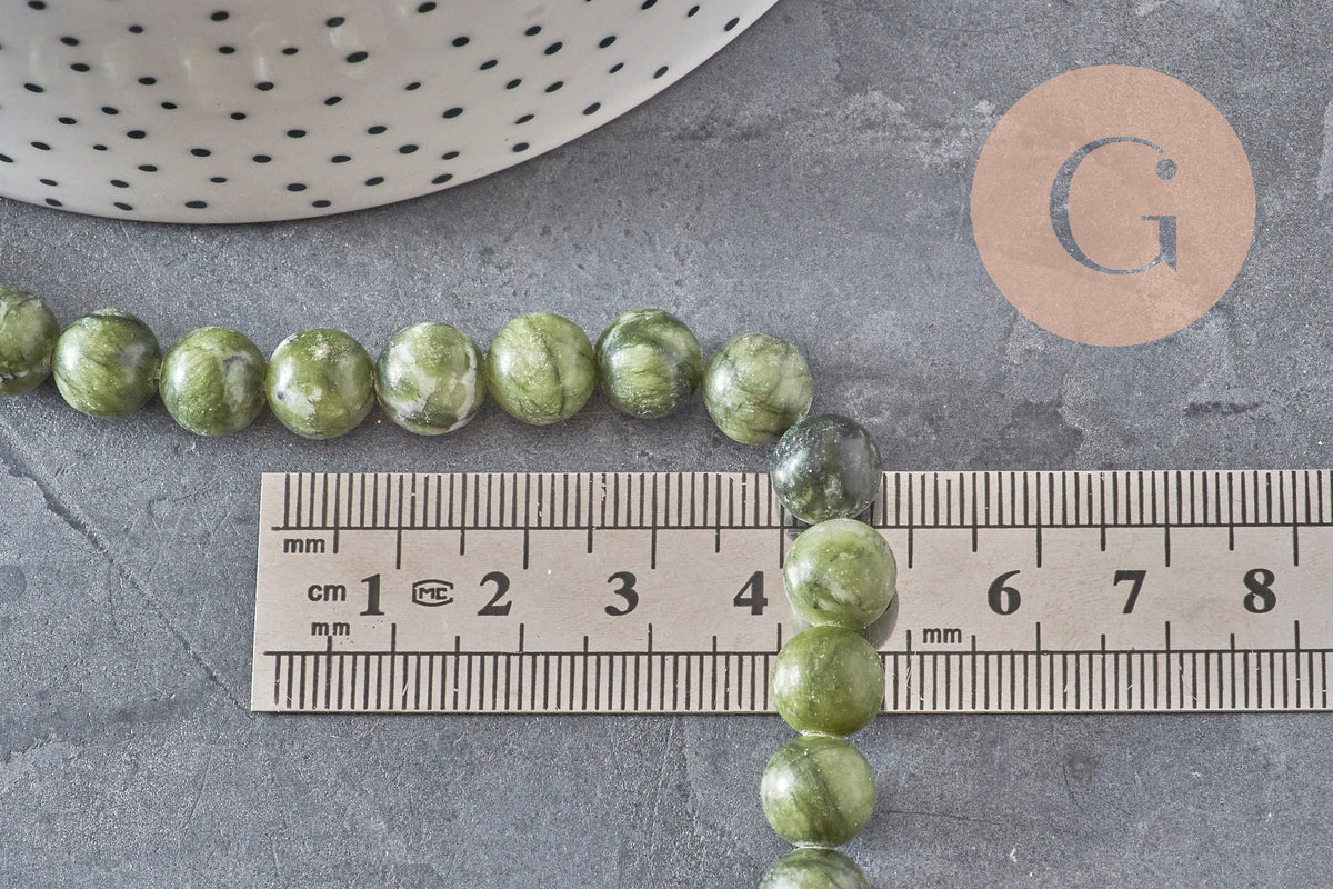 Perle jade vert olive ronde naturelle 8mm, x1 fil de 38cm (G11341)-Perles-Gingerlily Perles
