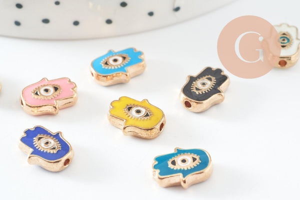 Perle main mauvais œil doré émail coloré zamac doré 12mm, x1 (G9817)