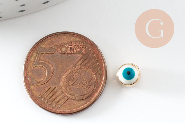 Perle mauvais œil doré émail blanc laiton doré 5.5mm, x10 (G7119)