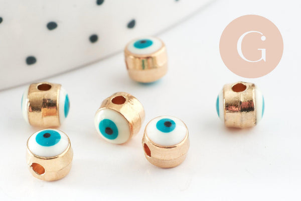 Perle mauvais œil doré émail blanc laiton doré 5.5mm, x10 (G7119)