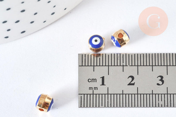 Perle mauvais œil doré émail bleu foncé laiton doré 5,5mm,chance, bijou mauvais oeil, x10 G7118