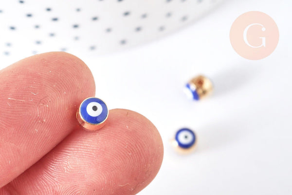 Perle mauvais œil doré émail bleu foncé laiton doré 5,5mm,chance, bijou mauvais oeil, x10 G7118