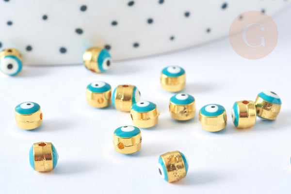 Perle mauvais œil doré émail bleu turquoise laiton doré 5.5mm, x10 (G7893)