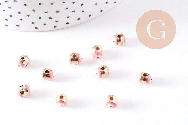 Perle mauvais œil doré émail rose zamac doré 6mm, x10 (G10316)