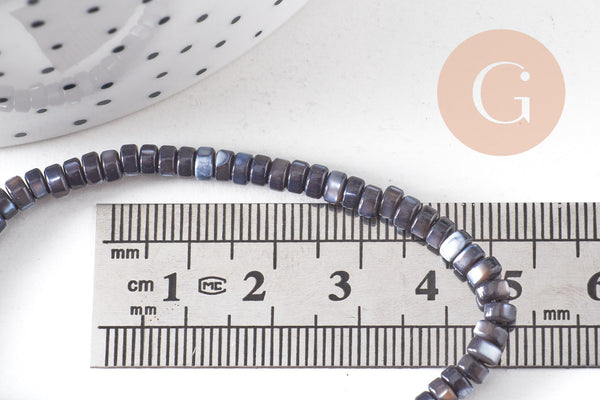 Perle nacre noire naturelle heishi, tube coquillage ivoire, 2x4mm, fil de 95 perles, x1 (G5417)