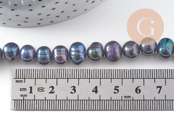 Perle naturelle culture d'eau douce noire ovale 7.5-10mm, x1 fil de 37cm (G10884)