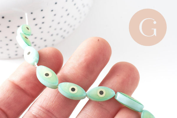 Perle navette nacre colorée mauvais oeil, bijou porte-bonheur,chance, gri-gri,15mm, fil de 25 perles, x1 (G0300)