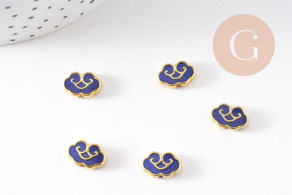 Perle nuage doré émail bleu 12mm, Pendentif japonisant pour création bijoux, x1 (G2805)