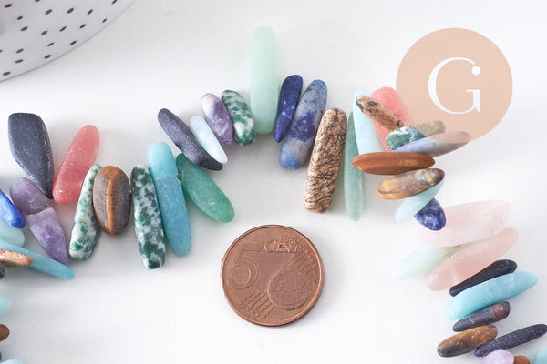 Perle ovale chips pierre mélangée sablée, pierre howlite sodalite aventurine jaspe, pierre,11-19mm, fil de 40cm, X1 (G4404)