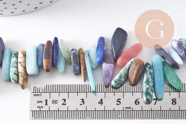 Perle ovale chips pierre mélangée sablée, pierre howlite sodalite aventurine jaspe, pierre,11-19mm, fil de 40cm, X1 (G4404)