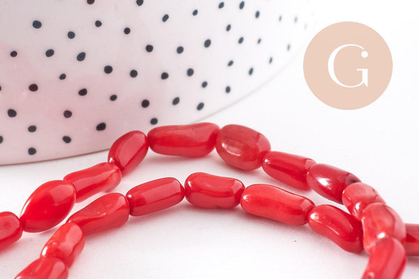 Perle ovale corail rouge, perles corail, corail rouge, corail naturel, fil 40cm,9-13mm, x1 (G0670)
