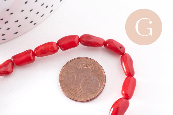 Perle ovale corail rouge, perles corail, corail rouge, corail naturel, fil 40cm,9-13mm, x1 (G0670)