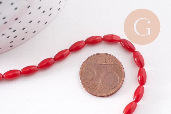 Perle ovale corail rouge,perles corail ,grain de riz,corail rouge,corail naturel, fil 40cm, x1 (G0993)