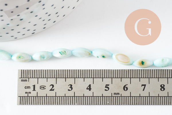Perle ovale nacre naturel teintée turquoise 9.5mm,perles coquillage grain de riz, fil de 38cm, x1 (G9692)