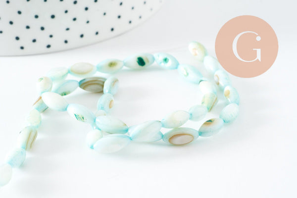 Perle ovale nacre naturel teintée turquoise 9.5mm,perles coquillage grain de riz, fil de 38cm, x1 (G9692)