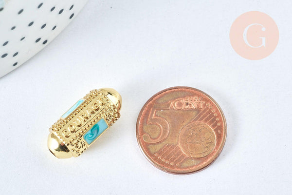 Perle ovale talisman message "courage" émail bleu doré18k 20 mm, perle dorée à message pour création bijoux, x1 G6993