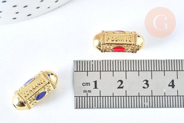 Perle ovale talisman message émail coloré laiton doré 18k 19mm, x1 (G6994)