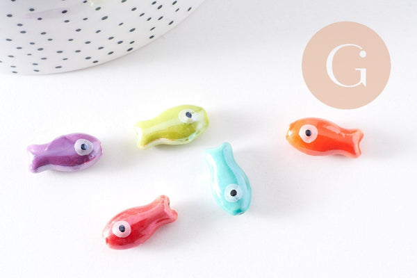 Perle poisson porcelaine multicolore 19.5mm, x5 (G10321)