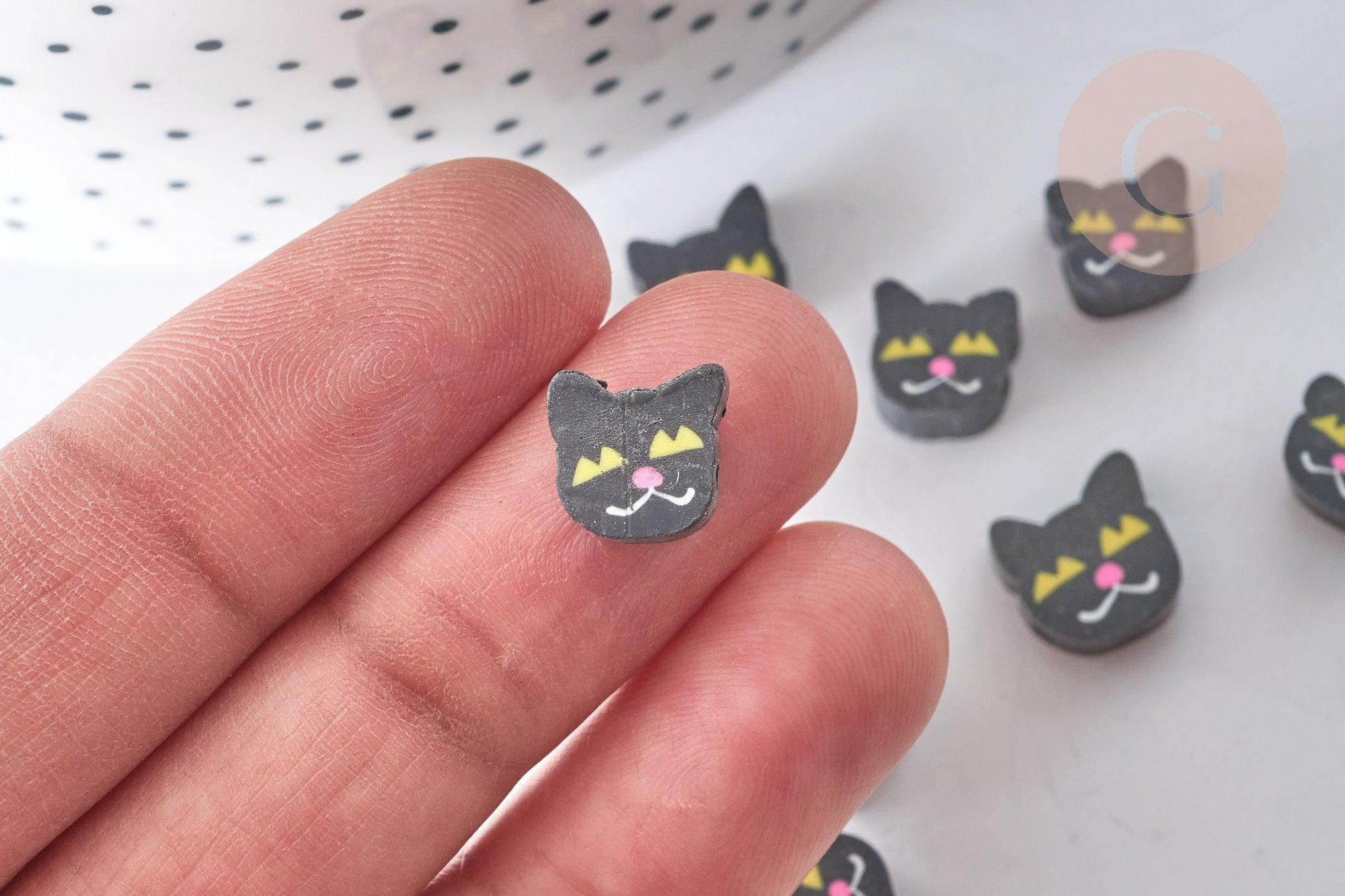 Perle polymère chats noirs, perle animal fantaisie DIY,8~10mm, x10 (G7963)