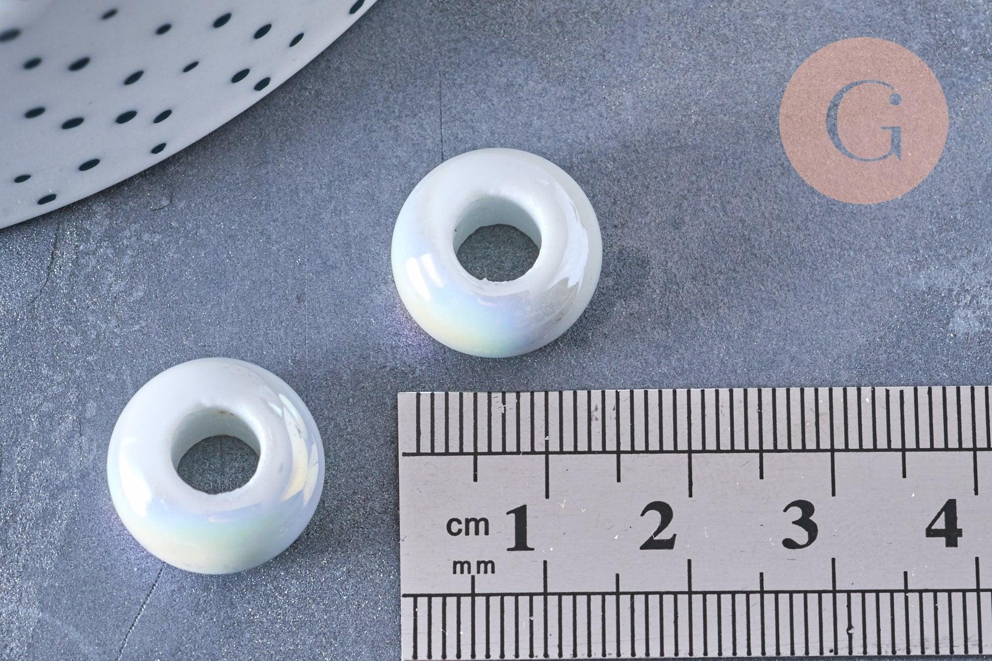 Perle porcelaine blanche irisé donut 15-16mm, perle céramique, céramique blanche, x10 (G3311)