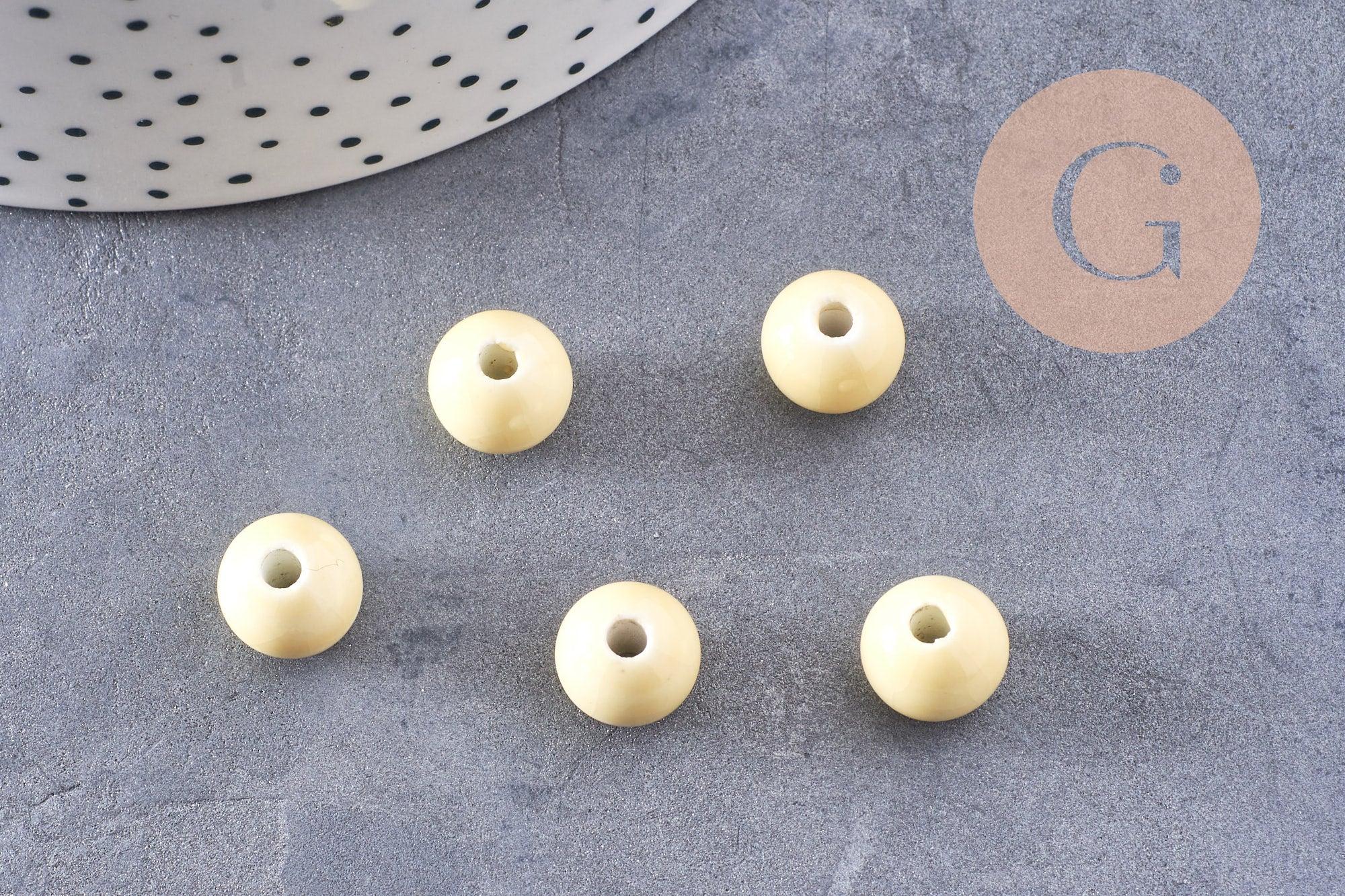 Perle porcelaine jaune pâle, perle ronde, création bijoux, 11m, x5 (G1370)
