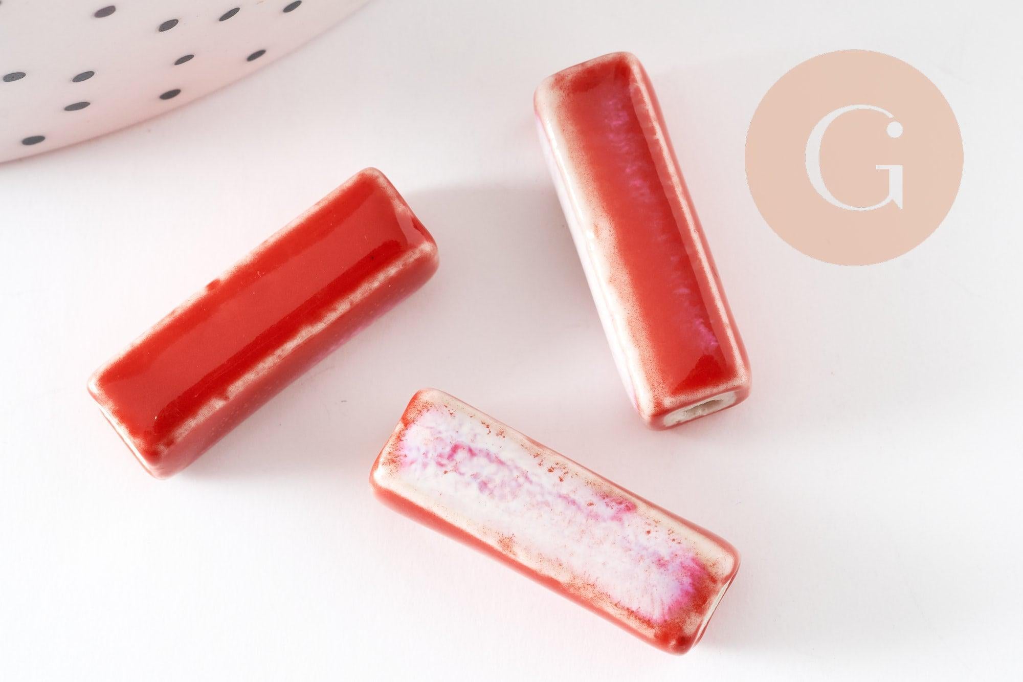 Perle porcelaine rectangle rouge 25~29mm,création bijoux céramique, x5 (G9351)