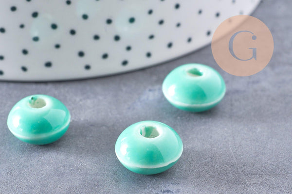 Perle porcelaine rondelle émail turquoise 12x7mm, création bijoux céramique, x10 G7479