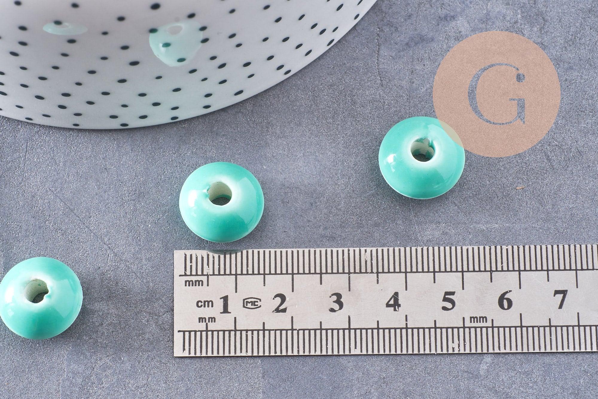 Perle porcelaine rondelle émail turquoise 12x7mm, création bijoux céramique, x10 (G7479)