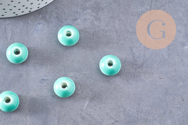 Perle porcelaine rondelle émail turquoise 12x7mm, création bijoux céramique, x10 G7479