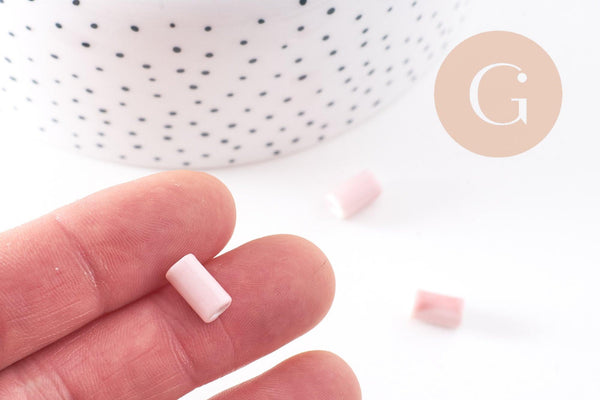 Perle porcelaine rose, perle céramique, porcelaine rose clair,perle tube, création bijoux,10mm, x5 G2542