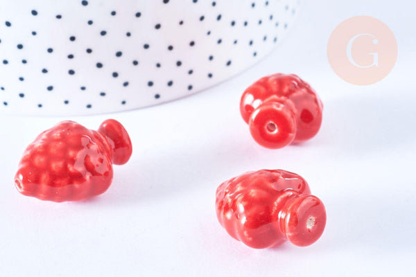 Perle porcelaine rouge pomme de pin,perle céramique, céramique blanche,19mm, x10 G7876