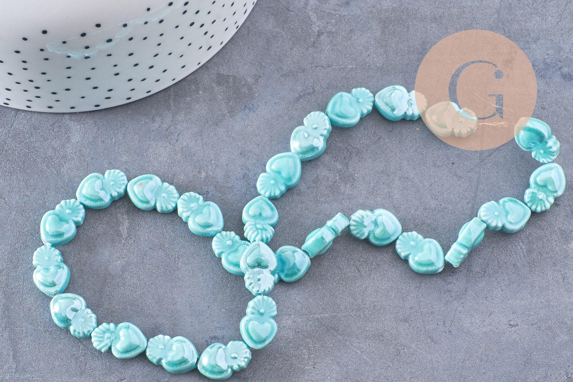 Perle porcelaine turquoise coeur irisé, perle céramique bleu, 16mm, x20 (G3973)