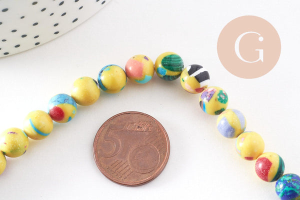 Perle résine ronde multicolore jaune, perle turquoise, turquoise synthétique, 8mm, fil de 40cm, x1 (G1702)