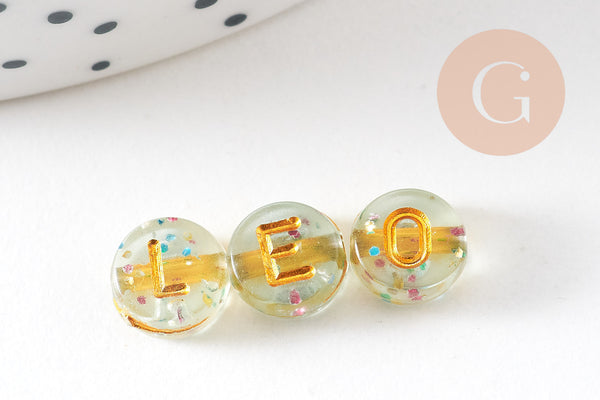 Perle ronde Lettre Alphabet plastique paillettes doré, x10Gr (G1968)
